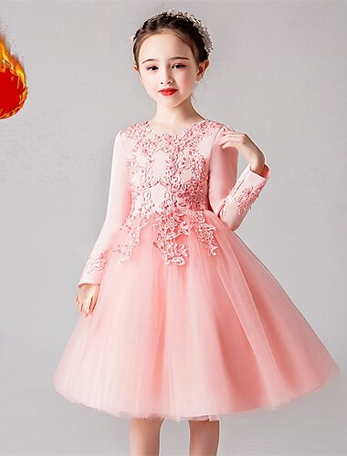  Flower Girl Dress Kid's Girls' Princess Dress Performance Wedding Party Elegant Beautiful Mesh Solid Color Long Sleeve Crew Neck White Champagne 4 years+