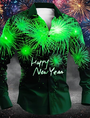  Capodanno Per uomo Lettere & Numeri Camicia Manica lunga Informale Feste Giornaliero Primavera Autunno Inverno Collo ripiegabile Tasche Rosso Blu Viola Verde
