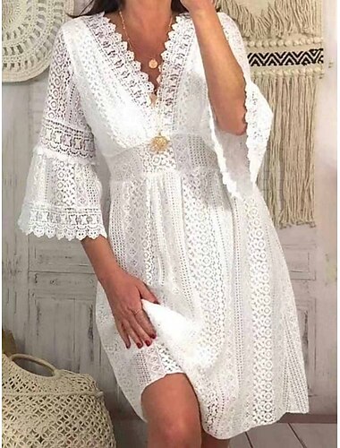  Damen Minikleid Weißes Kleid Spitzenkleid Freizeitkleid Boho-Kleid Lässig Sport & Outdoor Straße Normale Passform Einfach Dreiviertelarm V Ausschnitt Weiß Aprikose Sommer Frühling Herbst