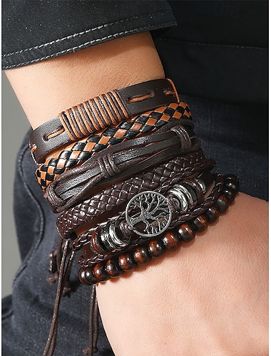  mäns läderarmbandsset – vintage flätad manschett i flera lager med pärlor och livets träd charm för casual och bohemiska stilar