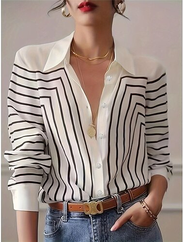  Mulheres Camisa Social Listrado Casual Manga Longa Colarinho de Camisa Tops regulares Trabalho Diário Botões Imprimir Preto Vermelho Primavera Outono Inverno