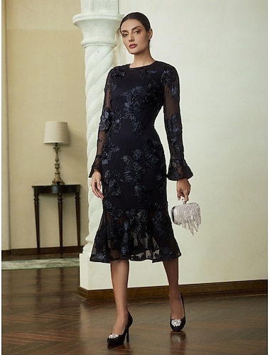  besticktes Cocktail-Party-Midikleid mit langen Ärmeln