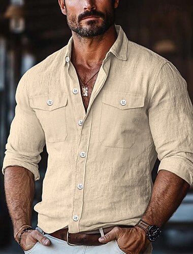  Herren Hemd leinenhemd Sommerhemd Knopfhemd Feste Farbe Urlaub Strasse Weiß Grün Khaki Leicht Blau Langarm Kragen Bekleidung Tasche