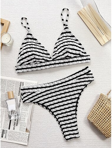  Damen Badeanzug Bikinis 2 Stück Unterhosen Bademode Rückenfrei Schlank Urlaub Strandbekleidung Streifen V Ausschnitt Ärmellos Badeanzüge