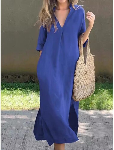  Damen Weißes Kleid Minikleid Tasche Brautkleider schlicht V Ausschnitt 3/4 Ärmel Weiß Blau Khaki Farbe