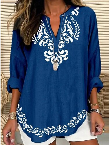  Women's Shirt Blouse Print Graphic Marble Casual Long Sleeve Notched Neck Regular Tops Daily Blue Wine Khaki Fall Winter