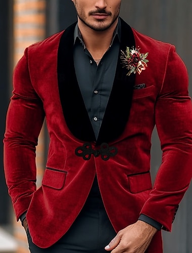  Heren Velvet Blazer Jas Rood Vintage Effen Kleur Blazer Reguliere Standaard Pasvorm Enkele Knoop