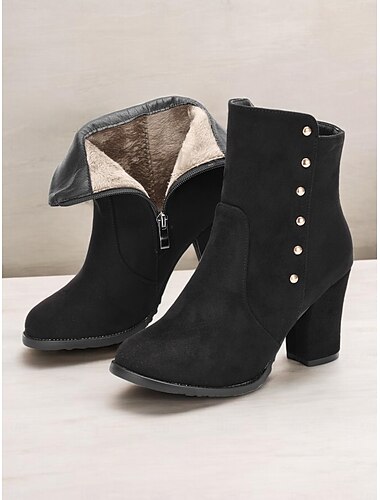  botins femininos de camurça preta com forro de pele sintética e detalhes em botões dourados – botas de salto bloco estilosas para uso no inverno