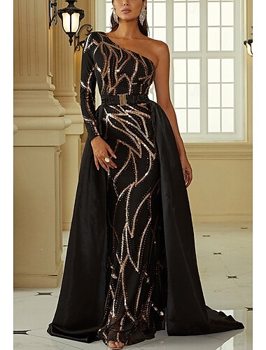  A-Linie Abendkleid elegantes Kleid formelle Kapelle-Schleppe lange Ärmel eine Schulter Nylon mit Glitzer 2025