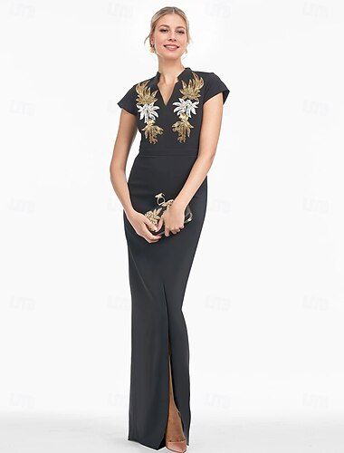  robe de soirée fourreau élégante robe formelle longueur au sol manches courtes col en V crêpe extensible avec broderie fendue à paillettes 2025