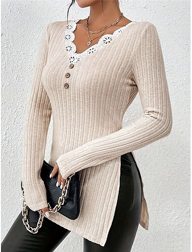  Femme Pull Chandail Décontractées Flexible Couleur monochrome A côtes Col V Dentelle Patchwork Boutons manche longue Hauts longs Tricoter Extérieur du quotidien Fin de semaine Abricot Automne Hiver