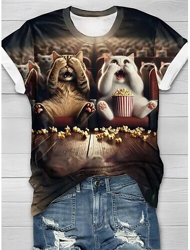  Damen T Shirt Graphic Katze Brautkleider schlicht Kurzarm Rundhalsausschnitt Normale Oberteile Täglich Bedruckt Schwarz Gelb Braun Regenbogen Beige Herbst Winter