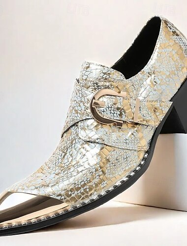  Herrenschuhe aus goldmetallicfarbenem Leder mit Schlangenhautmuster, quadratischer Spitze und Schnallendetail – perfekt für Hochzeiten, Partys und andere besondere Anlässe