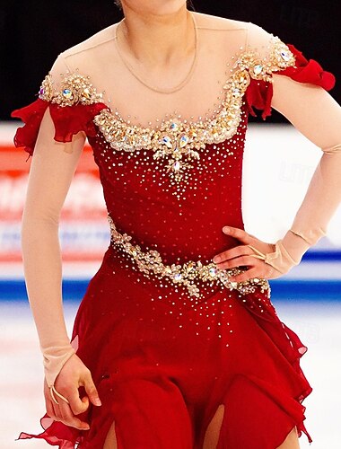  taitoluisteluasu aikuisille ja lapsille yksivärinen gradientti väri timantti räätälöity spandex mesh luokittelu esitys puku kilpailu koulutus punainen strassi naisten hame suorituskyky