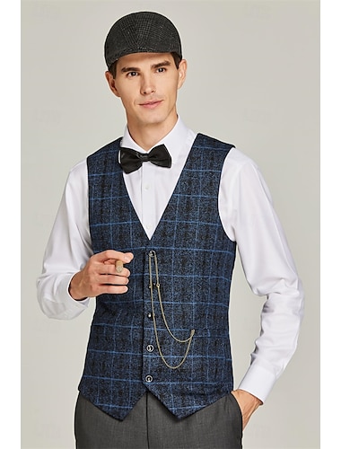  Retro Vintage Goldene Zwanziger 1920er Outfits Weste Zubehörset Gentleman Gangster Karomuster Schachbrett Herren Karnevalskostüm 4 Stücke Halloween Karneval Neujahr Maskerade Cocktailparty Themenparty