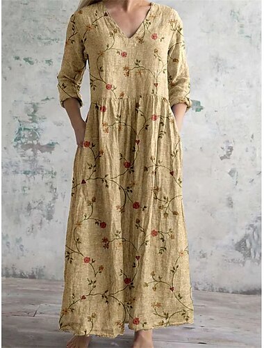  Femmes Robe maxi Robes en coton et lin Robe en coton et lin Occasionnel Quotidien Coupe régulière Fleuri Manche 3/4 Col en V Jaune Vert Gris Printemps Automne