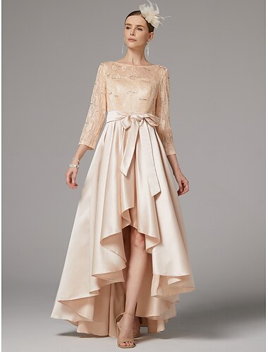  a-lijn jurk moeder van de bruid jurk elegant plus size high low juweel hals asymmetrisch satijnen kant 3/4 lengte mouw vloer lengte met sjerp / lint applicaties 2025