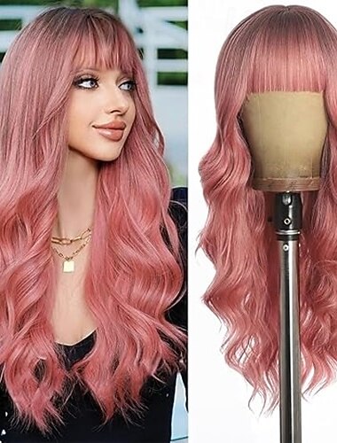  Wigs with Bangs,Long Curly Wig for Women Long Wavy Wig Synthetic Hair Wig for festival holiday Use
