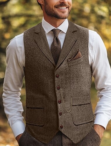  Chaleco de Hombre de Tweed Herringbone Marrón Gris Ajuste Estándar Con Muesca de Cinco Botones