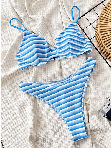  Damen Badeanzug Bikinis 2 Stück Cheeky-Bikinihose Bademode Rückenfrei Schlank Urlaub Strandbekleidung Streifen Halfterhals Ärmellos Badeanzüge
