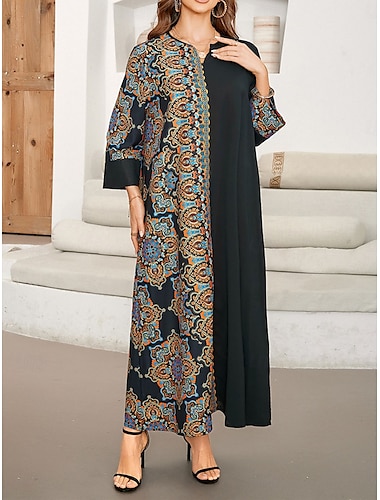  Dame Maxikjole Uformell kjole Kaftan-kjole Boho-kjole Fritid Daglig Normal Geometrisk 3/4 ermer Hals med hakk Svart Vår Høst