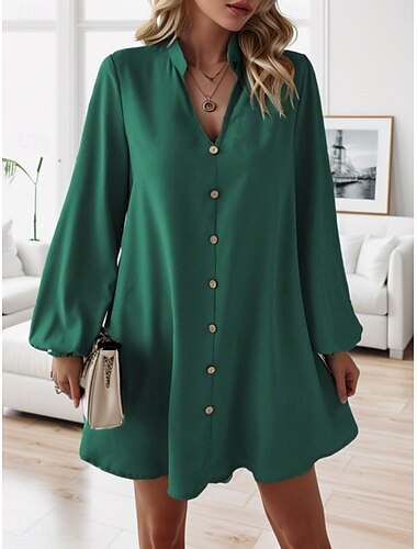  Damen Casual kleid Minikleid Knopf Brautkleider schlicht V Ausschnitt Langarm Grün Khaki Farbe