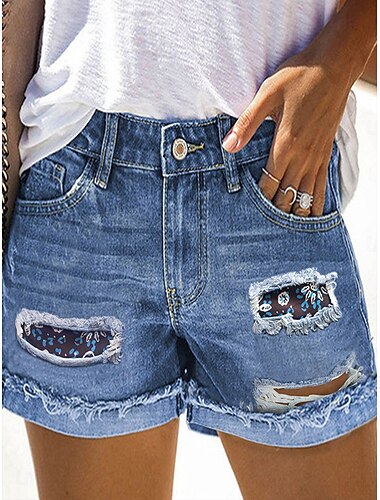  Damen Normal Jeans Strassenmode Casual Kurz Mittlere Taillenlinie Graphic Zip Tasche Schnelltrocknend Atmungsaktivität Mikro-elastisch Outdoor Büro / Geschäftlich Weiß Blau Sommer Regular Fit