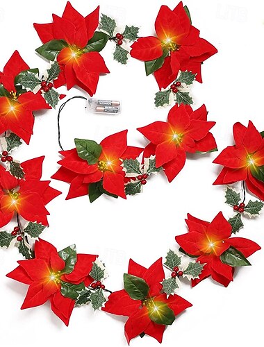  Guirlande de poinsettia de Noël avec lumière, guirlandes artificielles illuminées avec fleurs rouges et baies, guirlandes lumineuses de poinsettia à piles/USB, illuminez-vous pour Noël