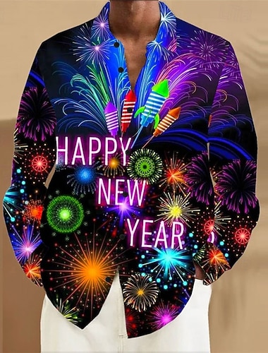 Nouvel An Homme Lettre Chemise manche longue Occasionnel Tenue quotidienne Sortir Automne & Hiver Col Rabattu Imprimé Boutonné Bleu Jaune Rouge Violet Arc-en-ciel