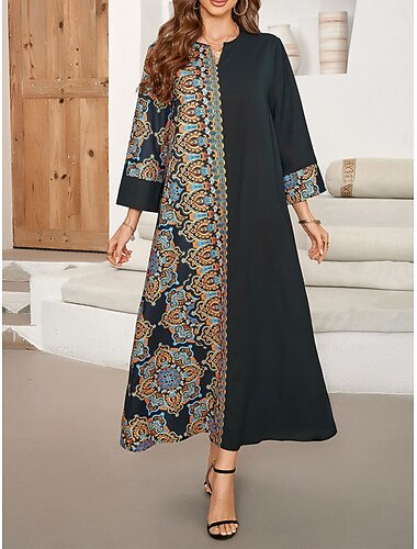  Dame Maxikjole Uformell kjole Kaftan-kjole Boho-kjole Fritid Daglig Normal Geometrisk 3/4 ermer Hals med hakk Svart Vår Høst
