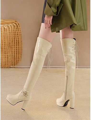  Overknee-Gogo-Plateaustiefel aus Lacklederimitat für Damen – elegantes Overknee-Design mit Blockabsatz und Schnallendetails, ideal für Partys und modische Statements