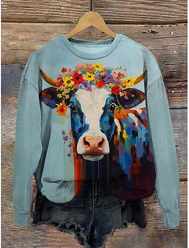  Jersey de mujer casual con cuello redondo y estampado de vaca, manga larga, azul, otoño e invierno