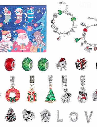  Jule adventskalender armbånd 2025 jenter 24 dager Xmas nedtelling kalender DIY smykkebeslag gave 22 charms perler 2 armbånd barn tenåringer kvinner