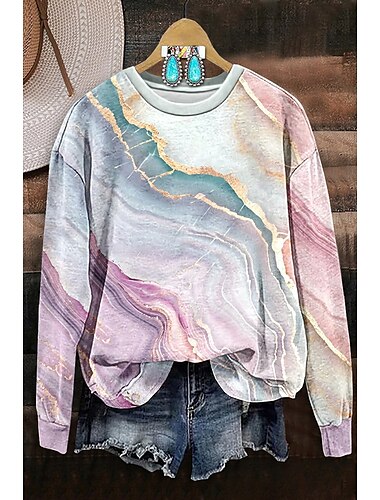  Sudadera de mujer con estampado vintage de moda, con efecto tie dye, informal, para el hogar, deportiva, cuello redondo, estampado de patchwork, manga larga, rosa, otoño&amp; invierno