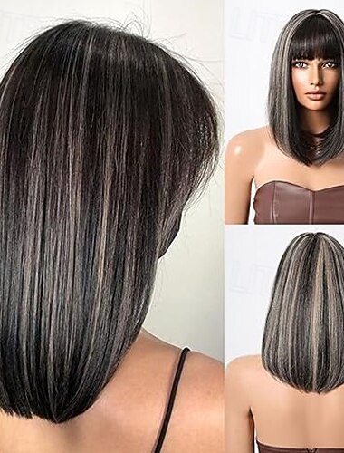  perruque bob avec frange perruque synthétique longueur épaule pour femme fibre résistante à la chaleur