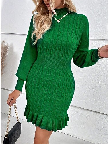  Robe pull Femme Mini robe Soirée Vacances manche longue Col Roulé A Volants Patchwork Elégant Décontractées Plein Standard 2023 Rouge Bleu Vert S M L XL