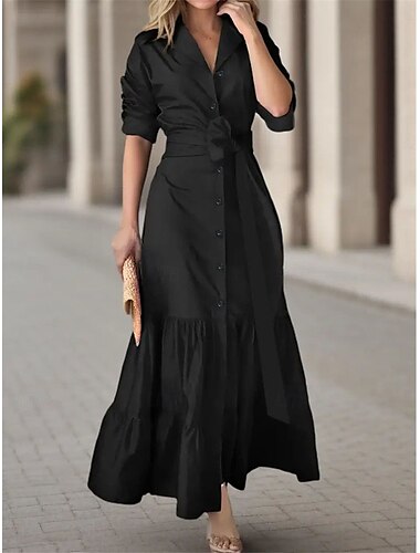  robe noire Robe chemise Robe casual Femme Robe Maxi Boutons Sport & Loisir Plein Air Décontractées Col de Chemise manche longue Standard Noir Jaune Rouge S M L XL 2XL