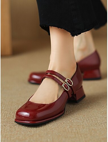  女性用ヴィンテージダブルストラップメリージェーンシューズ、バックルディテール付きパテントレザーブロックヒール、レトロスタイルやカジュアルなシーンに最適