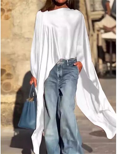  Damen Hemd Bluse Feste Farbe Basic Brautkleider schlicht Langarm Asymmetrisch Gurt Lange Oberteile Täglich Ausgehen Asymmetrischer Saum Weiß Wein Blau Herbst Winter