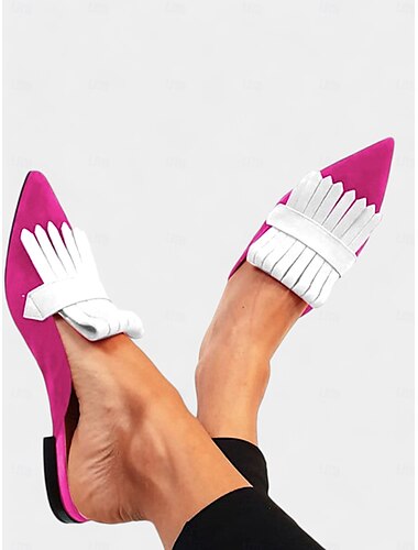  Damen-Pantoletten mit spitzer Zehenpartie und Fransen im Boho-Chic-Stil – Slip-On-Flats in kräftigem Lila und Orange mit Wildleder-Finish, perfekt für lässige Ausflüge und Sommermode