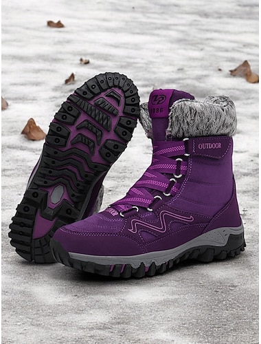  Botas de senderismo de invierno impermeables para mujer: botas de nieve con cordones y aislamiento con cuello de piel sintética para aventuras al aire libre