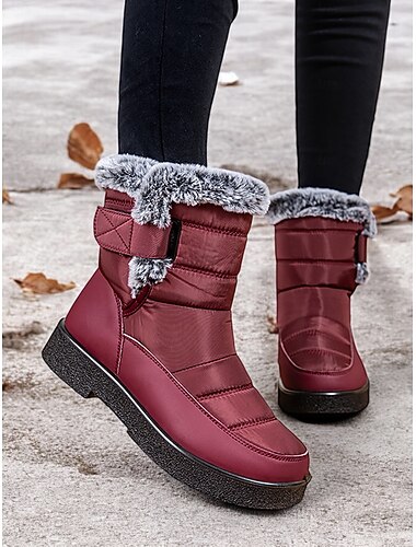  γυναικείες αδιάβροχες χειμερινές μπότες χιονιού - μπορντό καπιτονέ σχέδιο με επένδυση από ψεύτικη γούνα και ρυθμιζόμενα λουράκια για κρύο εξωτερικό χώρο