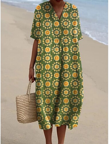  Femmes Robe maxi Robes inspirées du lin Robe Décontractée Robe en coton et lin Robe évasée Occasionnel Quotidien Coupe régulière Fleuri Demi Manches Col en V Vert Été Printemps Automne