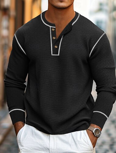  Bărbați Tricou Waffle Tricou Cămașă Henley Waffle Tee Top Tricou cu maneca lunga Culoare solidă Henley În aer liber Stradă Manșon Lung Nasturi Bloc de Culoare Îmbrăcăminte Zilnic Casual Stil de strada