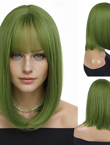  Cosplay-Perücke mit Pony, trendige Kostümperücke mit kurzem glattem Haar für Damen, Halloween-Karnevalsparty-Perücke, hitzebeständige Kunstfaser-Perücke zum St. Patrick's Day