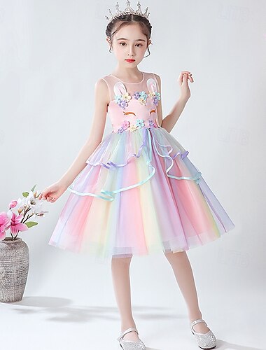  Blumenmädchenkleid Kinder Mädchen Prinzessinenkleid Leistung Hochzeit Party Elegant Schön Gitter Blumen Ärmellos Rundhalsausschnitt Weiß Rosa 4 Jahre +