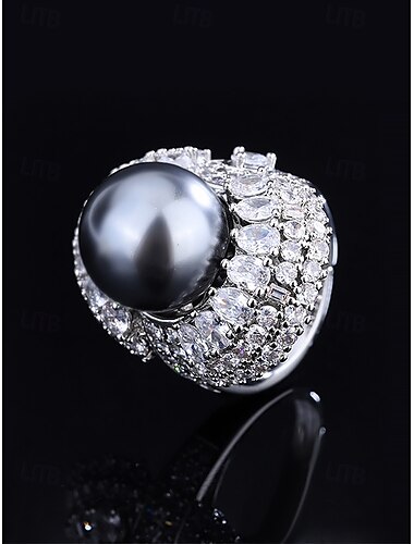  Luxuriöser, versilberter Statement-Ring für Damen mit großer Perle in der Mitte und Kristallakzenten – perfekt für Hochzeiten und besondere Anlässe