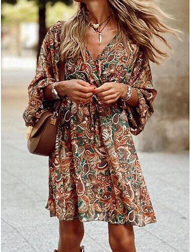  Γυναικεία Μίνι φόρεμα Καθημερινό φόρεμα Φόρεμα σε γραμμή Α Φόρεμα Boho Βίντατζ Etnic Καθημερινό Καθημερινά Κανονικό Φλοράλ Μακρυμάνικο Λαιμόκοψη V Καφέ Καλοκαίρι Άνοιξη Φθινόπωρο