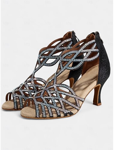  Schwarze Tanzsandalen mit Strasssteinen für Damen, Riemchendesign und mittelhohem Absatz – perfekt für Gesellschaftstanz, Salsa und lateinamerikanische Tänze