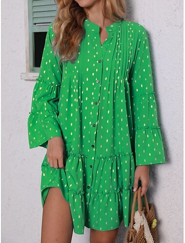  Vestido mini de mujer con cuello alto geométrico y manga larga para verano y primavera